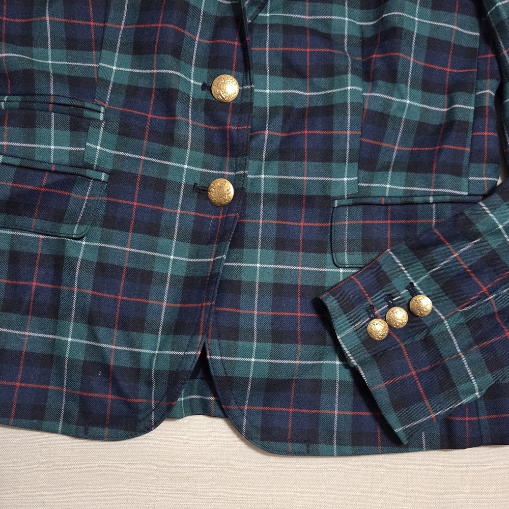 J Crew Green Plaid Tartan Women's Blazer with Gold Buttons Womens 0 XS - Picture 2 of 10